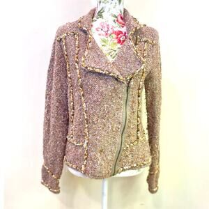 Coldwater Creek Women’s Med  Moto Zip Front Jacket Knit Tweed  Tan